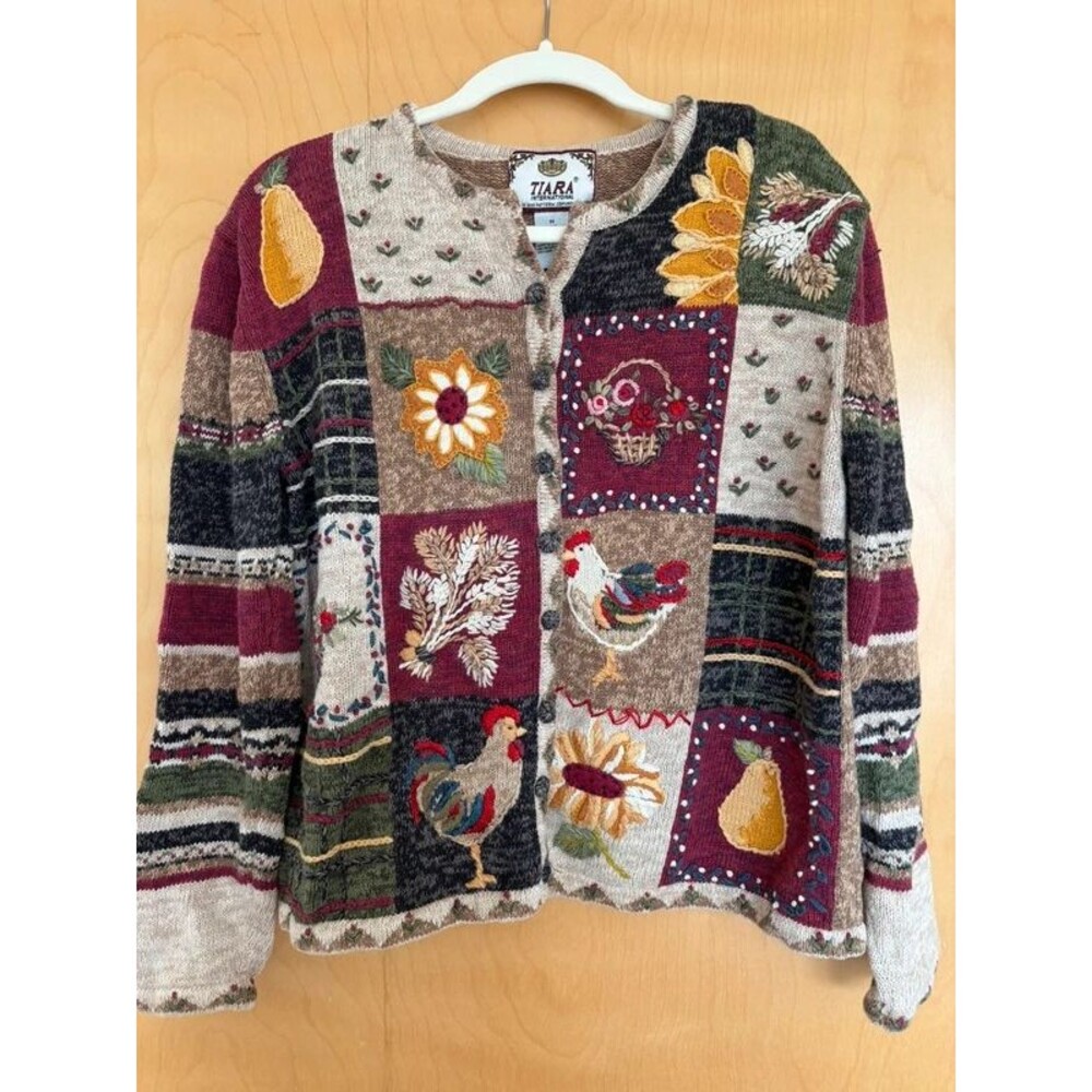 Vintage Tiara International Chicken Sunflower Patchwork Cardigan Sweater Size M